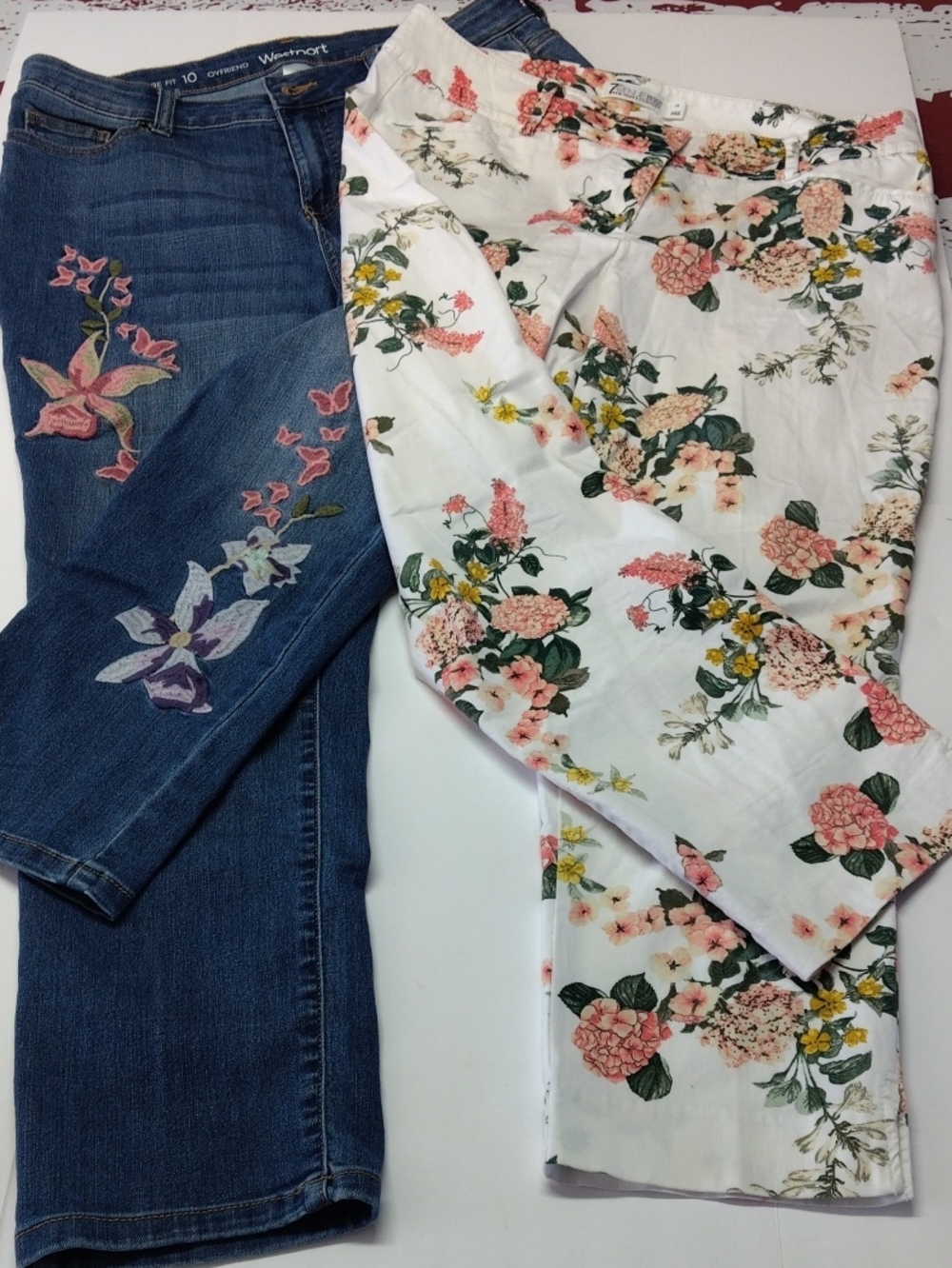 Westport Women’s Embroidered Jeans Duo - 7th Ave White Cotton Floral Cropped
